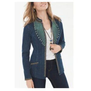 Chico's Heritage Beaded Denim Jacket Turquoise Southwestern Aztec Gold sz 1 (M)